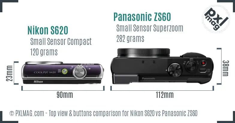 Nikon S620 vs Panasonic ZS60 top view buttons comparison