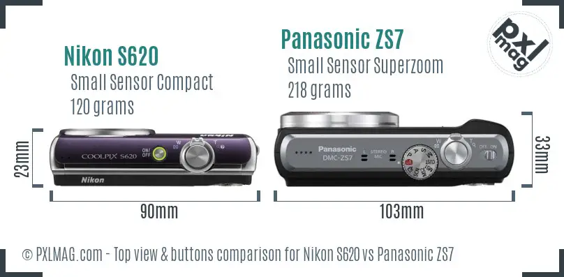 Nikon S620 vs Panasonic ZS7 top view buttons comparison