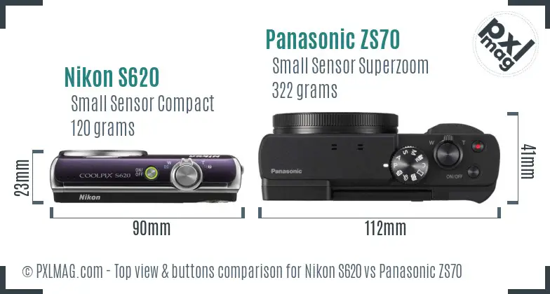 Nikon S620 vs Panasonic ZS70 top view buttons comparison Nikon S620 vs Panasonic ZS70 top view buttons comparison