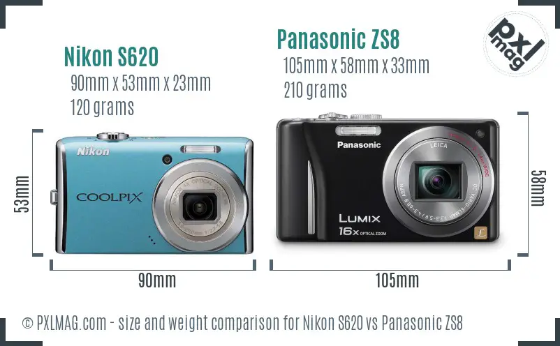 Nikon S620 vs Panasonic ZS8 size comparison