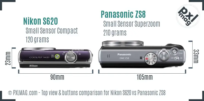 Nikon S620 vs Panasonic ZS8 top view buttons comparison