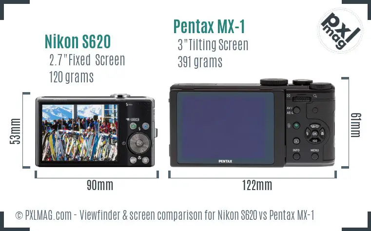 Nikon S620 vs Pentax MX-1 Screen and Viewfinder comparison