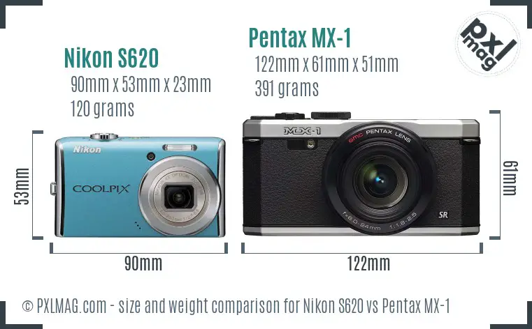 Nikon S620 vs Pentax MX-1 size comparison