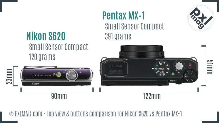 Nikon S620 vs Pentax MX-1 top view buttons comparison