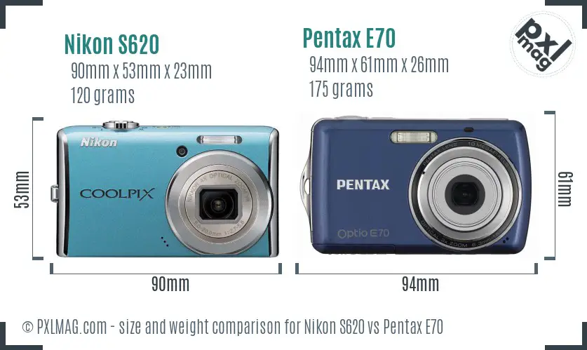 Nikon S620 vs Pentax E70 size comparison Nikon S620 vs Pentax E70 size comparison