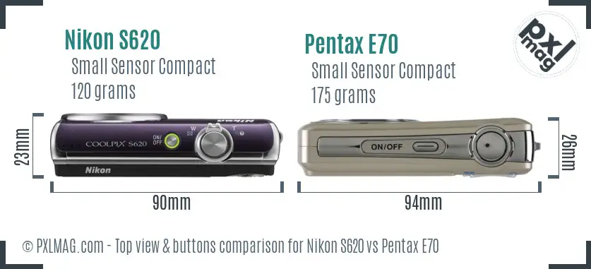 Nikon S620 vs Pentax E70 top view buttons comparison Nikon S620 vs Pentax E70 top view buttons comparison
