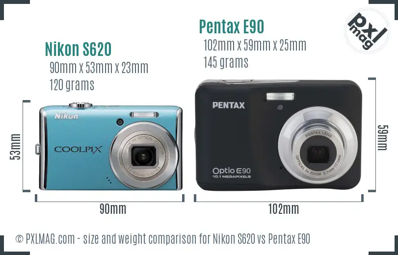 Nikon S620 vs Pentax E90 size comparison