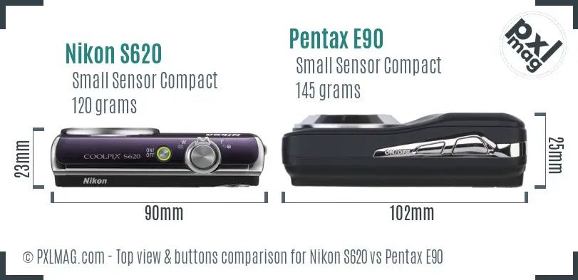 Nikon S620 vs Pentax E90 top view buttons comparison