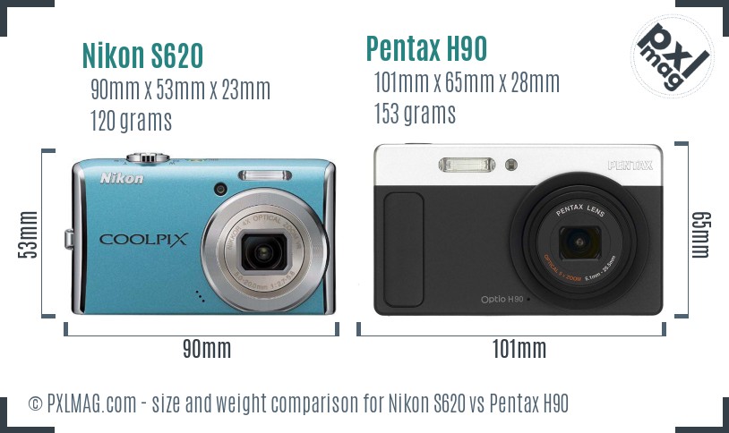 Nikon S620 vs Pentax H90 size comparison