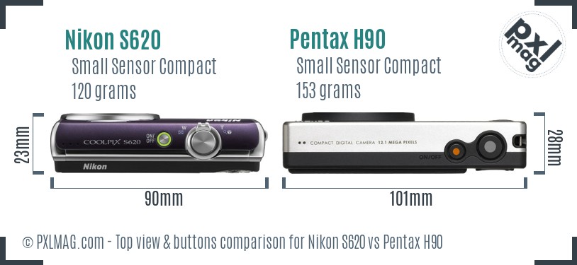 Nikon S620 vs Pentax H90 top view buttons comparison