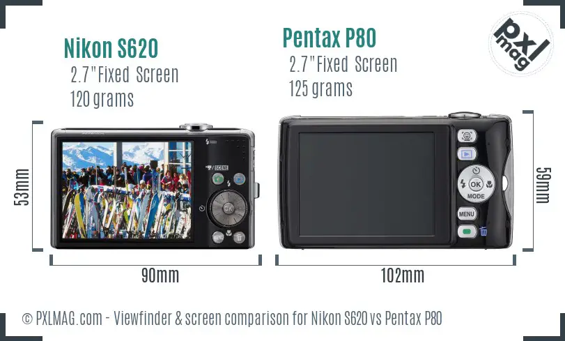 Nikon S620 vs Pentax P80 Screen and Viewfinder comparison