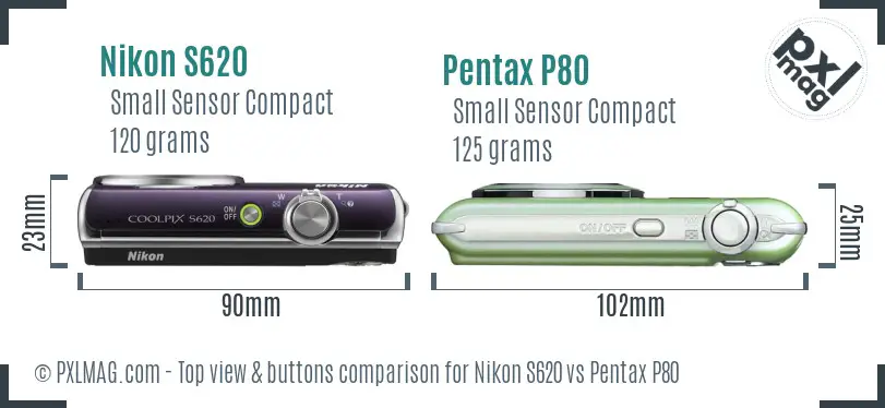 Nikon S620 vs Pentax P80 top view buttons comparison