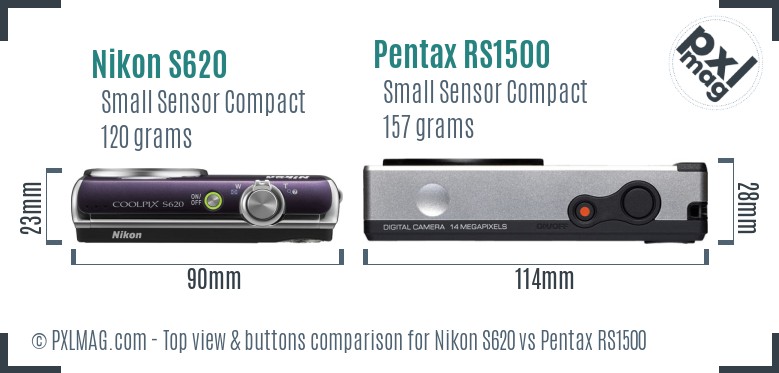 Nikon S620 vs Pentax RS1500 top view buttons comparison