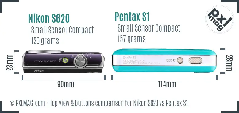 Nikon S620 vs Pentax S1 top view buttons comparison Nikon S620 vs Pentax S1 top view buttons comparison