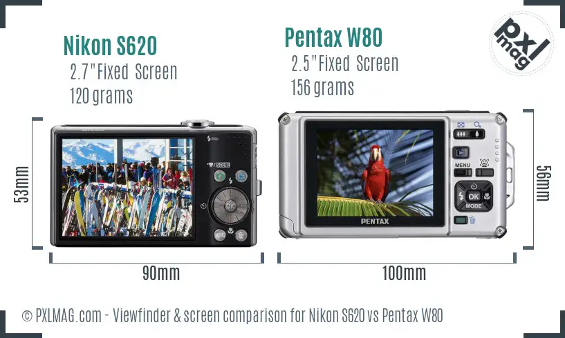 Nikon S620 vs Pentax W80 Screen and Viewfinder comparison