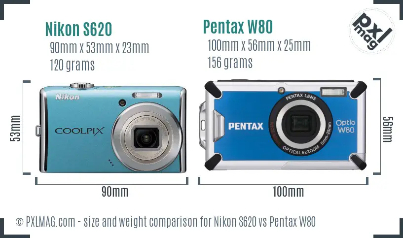 Nikon S620 vs Pentax W80 size comparison