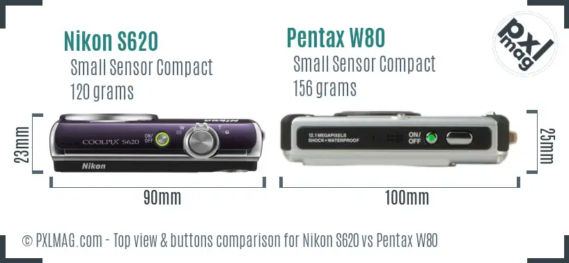 Nikon S620 vs Pentax W80 top view buttons comparison