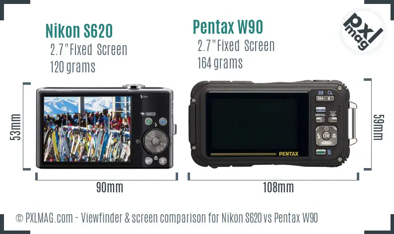 Nikon S620 vs Pentax W90 Screen and Viewfinder comparison