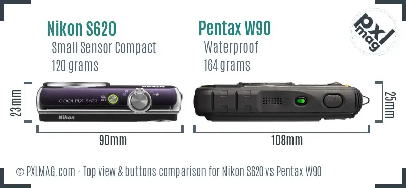 Nikon S620 vs Pentax W90 top view buttons comparison