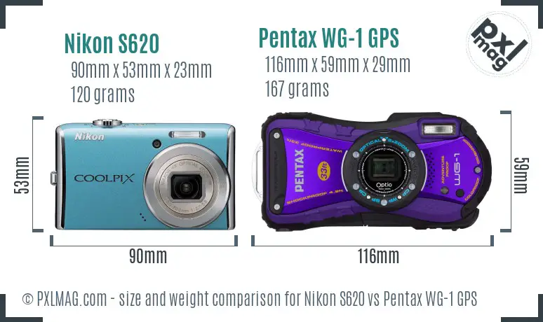 Nikon S620 vs Pentax WG-1 GPS size comparison Nikon S620 vs Pentax WG-1 GPS size comparison
