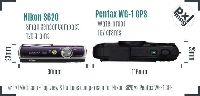 Nikon S620 vs Pentax WG-1 GPS top view buttons comparison Nikon S620 vs Pentax WG-1 GPS top view buttons comparison