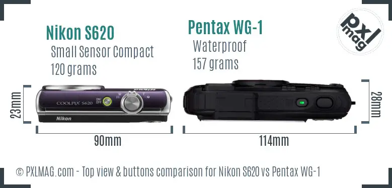 Nikon S620 vs Pentax WG-1 top view buttons comparison