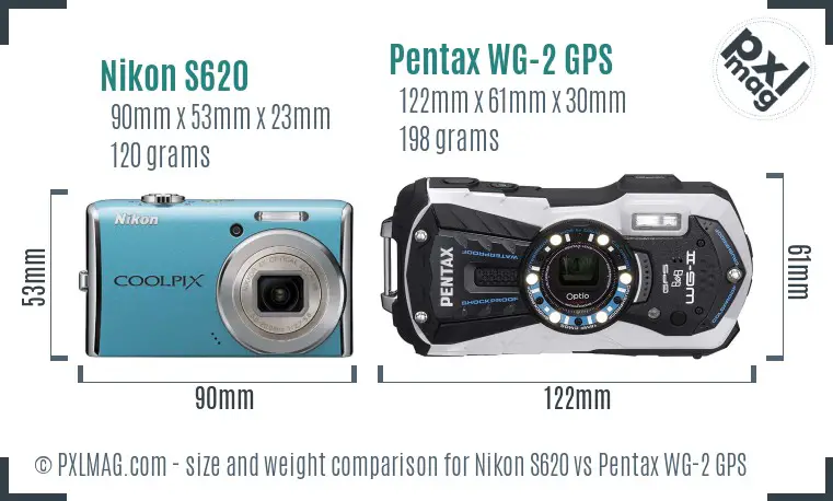 Nikon S620 vs Pentax WG-2 GPS size comparison Nikon S620 vs Pentax WG-2 GPS size comparison