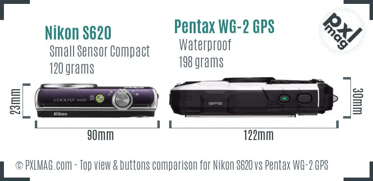 Nikon S620 vs Pentax WG-2 GPS top view buttons comparison Nikon S620 vs Pentax WG-2 GPS top view buttons comparison