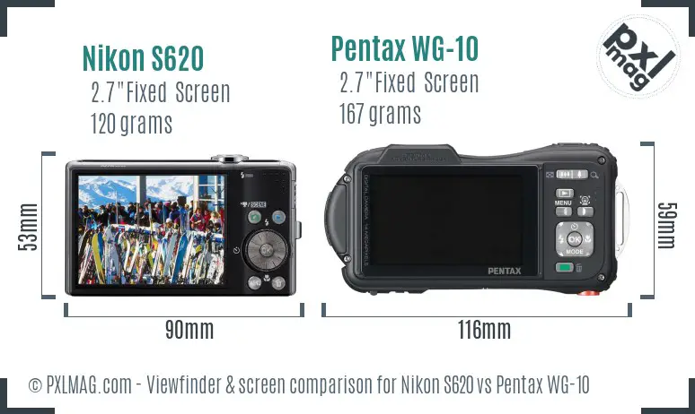 Nikon S620 vs Pentax WG-10 Screen and Viewfinder comparison