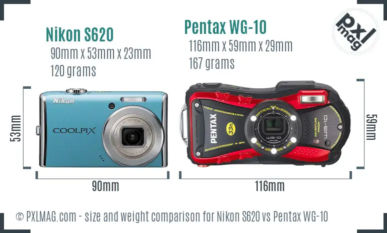 Nikon S620 vs Pentax WG-10 size comparison