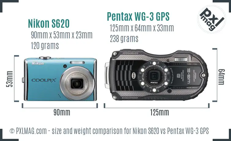 Nikon S620 vs Pentax WG-3 GPS size comparison