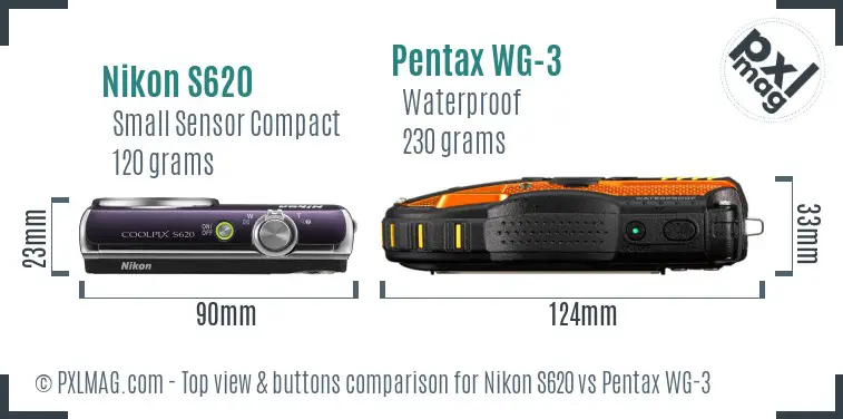 Nikon S620 vs Pentax WG-3 top view buttons comparison Nikon S620 vs Pentax WG-3 top view buttons comparison