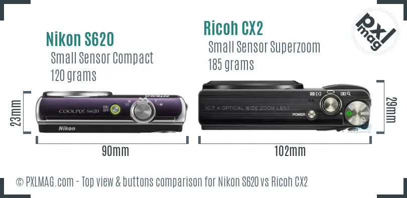 Nikon S620 vs Ricoh CX2 top view buttons comparison