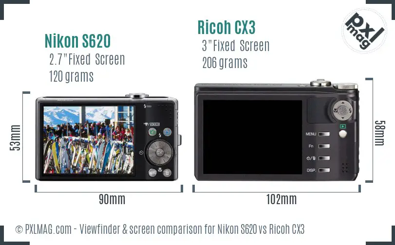 Nikon S620 vs Ricoh CX3 Screen and Viewfinder comparison