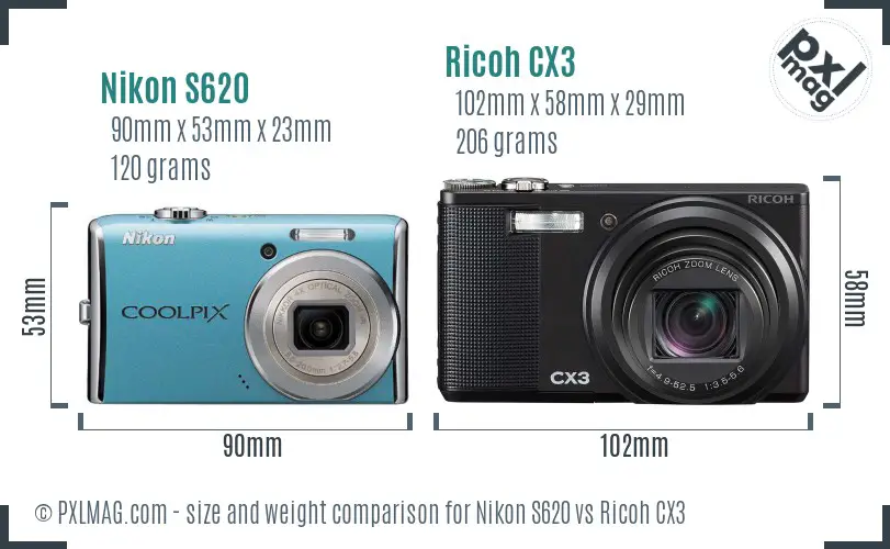Nikon S620 vs Ricoh CX3 size comparison