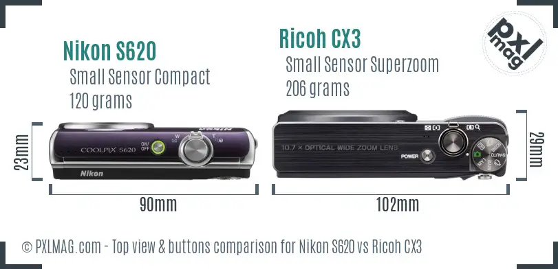 Nikon S620 vs Ricoh CX3 top view buttons comparison