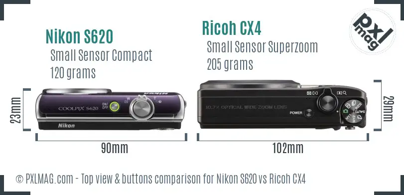 Nikon S620 vs Ricoh CX4 top view buttons comparison Nikon S620 vs Ricoh CX4 top view buttons comparison