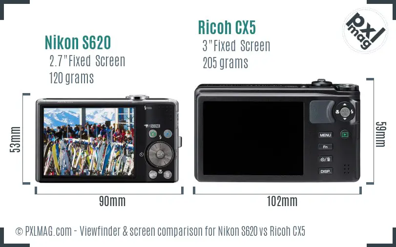Nikon S620 vs Ricoh CX5 Screen and Viewfinder comparison