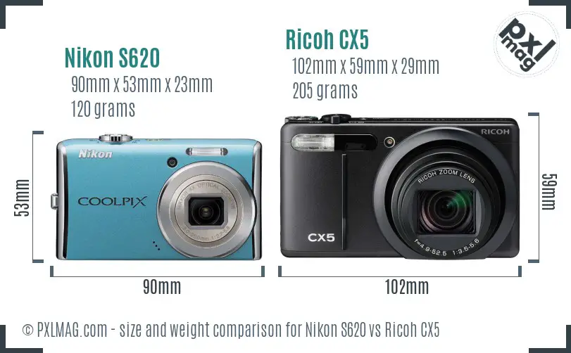 Nikon S620 vs Ricoh CX5 size comparison