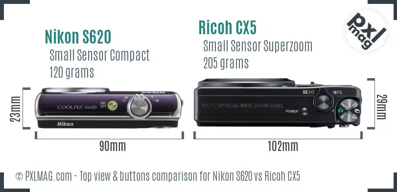 Nikon S620 vs Ricoh CX5 top view buttons comparison