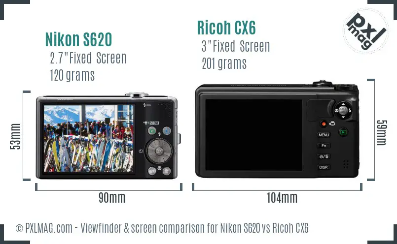 Nikon S620 vs Ricoh CX6 Screen and Viewfinder comparison