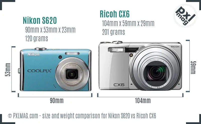 Nikon S620 vs Ricoh CX6 size comparison