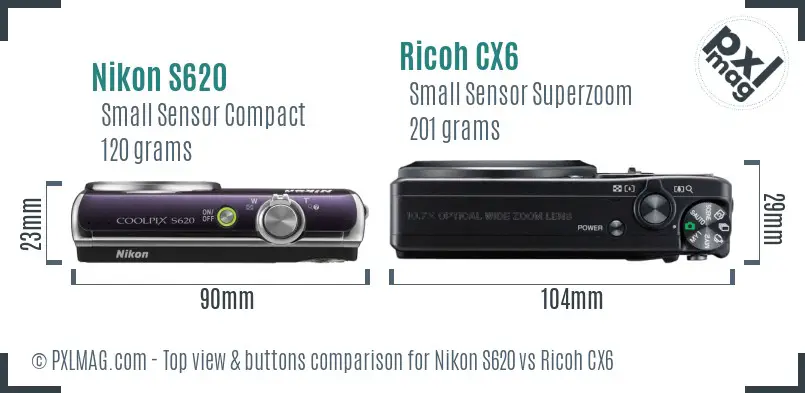 Nikon S620 vs Ricoh CX6 top view buttons comparison