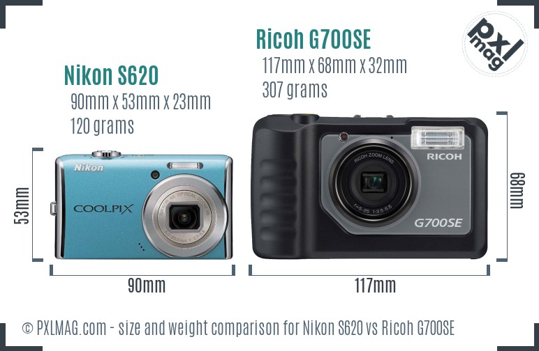 Nikon S620 vs Ricoh G700SE size comparison