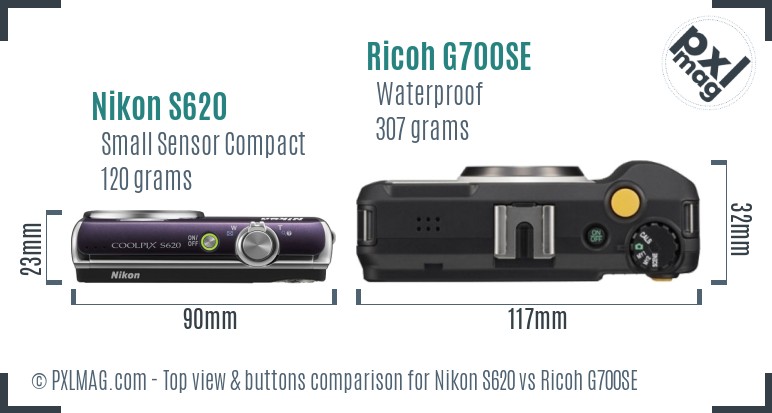 Nikon S620 vs Ricoh G700SE top view buttons comparison