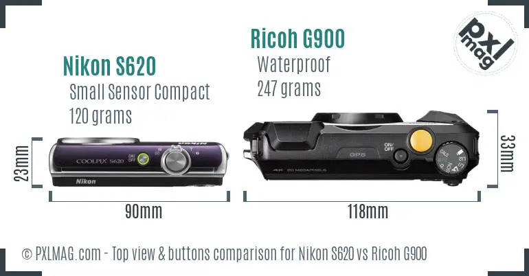 Nikon S620 vs Ricoh G900 top view buttons comparison Nikon S620 vs Ricoh G900 top view buttons comparison