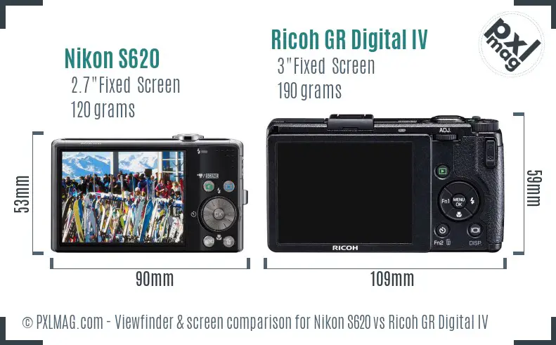 Nikon S620 vs Ricoh GR Digital IV Screen and Viewfinder comparison