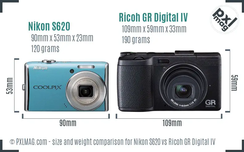 Nikon S620 vs Ricoh GR Digital IV size comparison