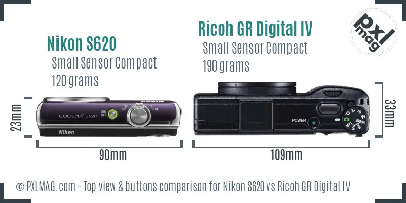 Nikon S620 vs Ricoh GR Digital IV top view buttons comparison