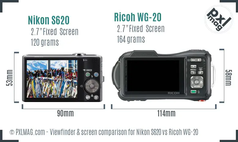 Nikon S620 vs Ricoh WG-20 Screen and Viewfinder comparison